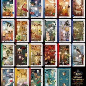 May include: Tarot deck with 22 Major Arcana cards, each featuring a unique illustration with a Hebrew letter, number, and title. The cards are arranged in a grid with a title card at the bottom that reads "Tarot of Magical Correspondences".