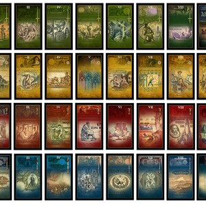 May include: A set of 40 tarot cards with illustrations of various scenes and figures. The cards are arranged in four rows of ten cards each. The cards are all in a vintage style with a worn and faded look. The cards are numbered from I to X and include the suits of Swords, Pentacles, Cups, and Wands.