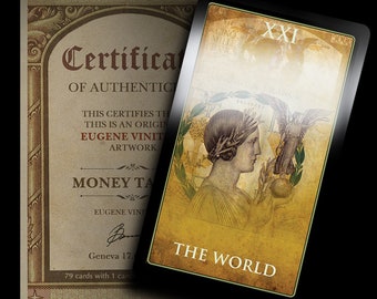 Money Tarot Cards for business and financial tarot reading. Unique and Magic Tarot Deck based on various world currencies. Divination Cards.