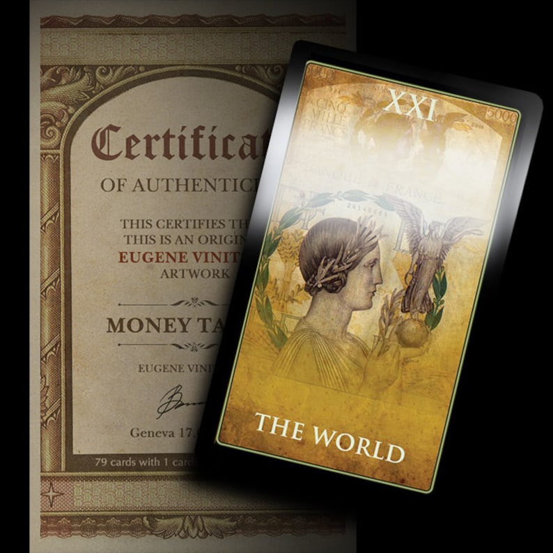 May include: A tarot card with a gold background and black border. The card depicts a woman with a crown of leaves, holding a globe in her left hand. A bird flies above her. The card number XXI and the words "THE WORLD" are printed on the card.