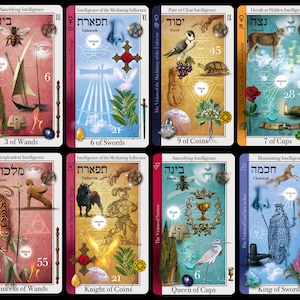 May include: A set of 10 tarot cards with colorful illustrations and Hebrew text. Each card features a different image, including a tiger, a bee, a falcon, a lynx, a bull, a heron, a knight, a sword, a cup, and a wand. The cards are part of a larger deck.