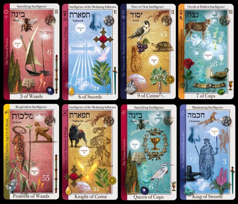 May include: A set of 10 tarot cards with colorful illustrations and Hebrew text. Each card features a different image, including a tiger, a bee, a falcon, a lynx, a bull, a heron, a knight, a sword, a cup, and a wand. The cards are part of a larger deck.