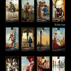 May include: A set of 12 tarot cards featuring Venetian scenes and characters. The cards are arranged in a grid with the title "Venetian Tarot" and the artist's name "Eugene Vinitski" at the top. The cards are numbered from I to XII and include the court cards of the suit of Wands.