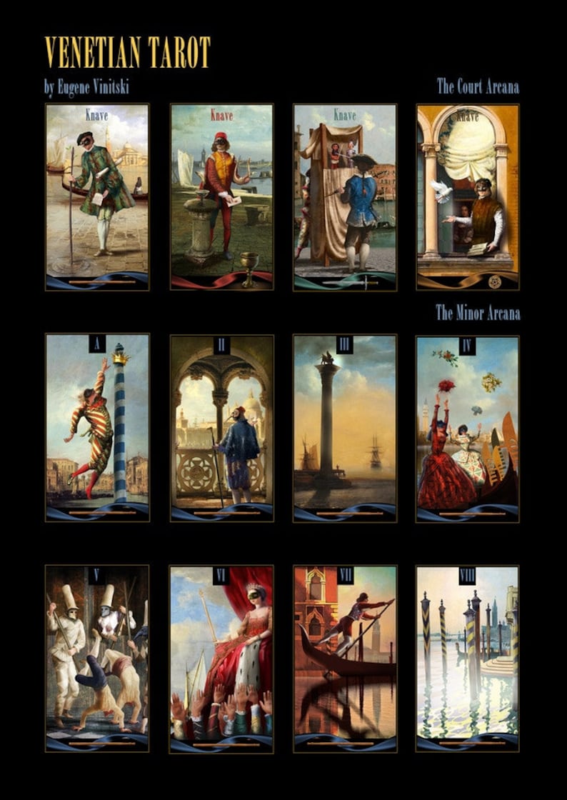 May include: A set of 12 tarot cards featuring Venetian scenes and characters. The cards are arranged in a grid with the title "Venetian Tarot" and the artist's name "Eugene Vinitski" at the top. The cards are numbered from I to XII and include the court cards of the suit of Wands.