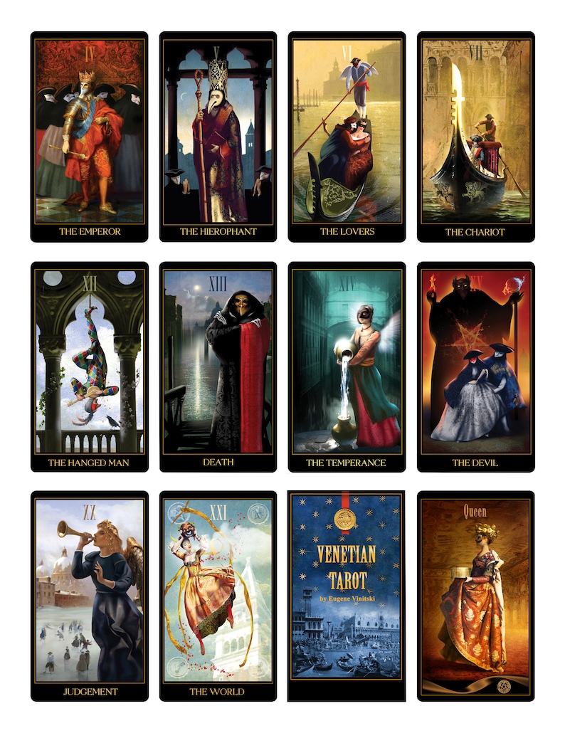 May include: A set of 12 tarot cards with Venetian themes. The cards are illustrated with colorful images of people, animals, and objects. The cards are set against a black background with gold trim.