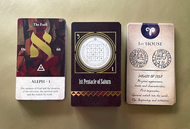 May include: Three tarot cards with gold accents. The first card is The Fool, with the Hebrew letter Aleph and the text "The oneness of God and the creation of the universe, the spiritual path and the search for truth." The second card is the 1st Pentacle of Saturn, with a Hebrew letter grid and the number 1. The third card is the 1st House, with the astrological symbol for Aries and the text "House of Self, Physical appearance, traits and characteristics. First impressions. General outlook into the world. Ege. Beginnings and initiatives."