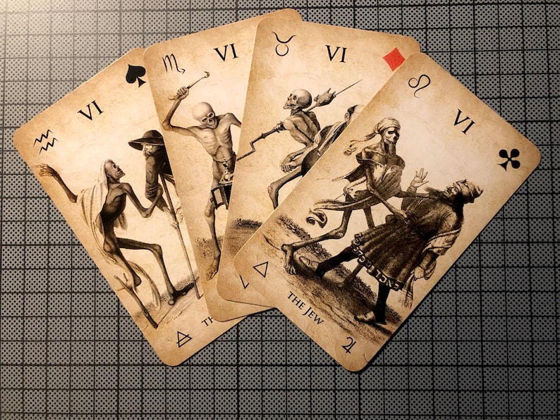May include: A collection of vintage-style tarot cards, each featuring a skeletal figure in various poses. The cards are numbered with the Roman numeral VI and include suit symbols and astrological signs. The card titled "THE JEW" is visible.