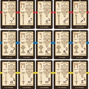 May include: A set of 32 tarot cards with a Tree of Life design. Each card features a different Hebrew letter, a zodiac sign, and a corresponding element. The cards are printed on a cream-colored background with brown borders.