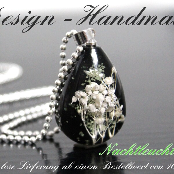 Blütenschmuck Schwarz Weiß Tropfenförmig echte Blüten Blume, Kette Lang, Lange Kette, Brautschmuck, Geschenk für sie, Geschenk für Mama