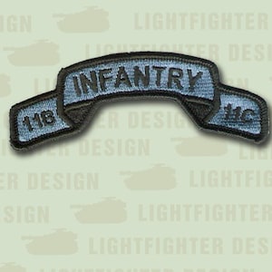 US Infantry Scroll - 4 1/8” X  1 3/4” - 11B and 11C - Infantry Blue - Follow Me, I am the Infantry! Embroidered Scroll with Wax Backing