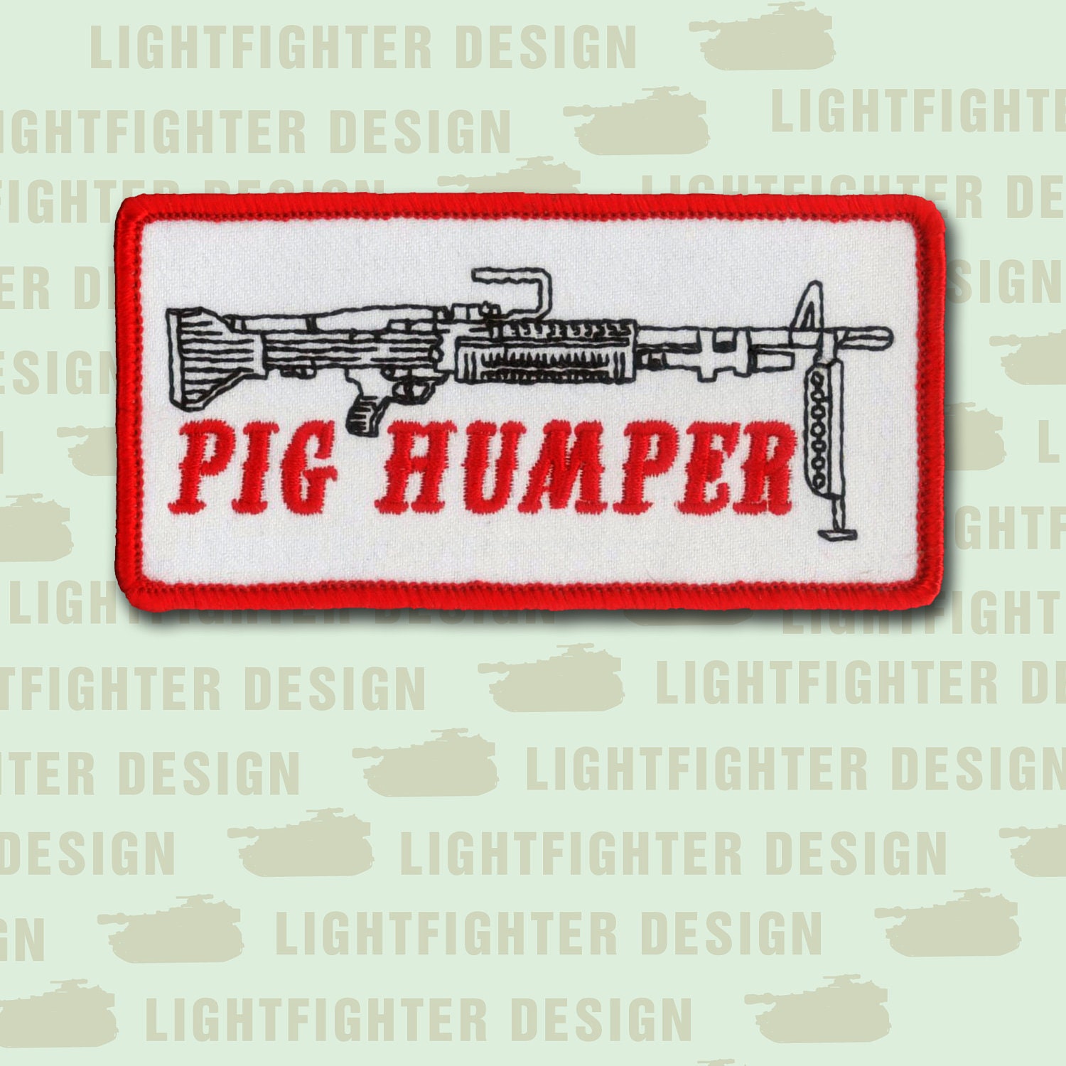 M-60 Machine Gun embroidered "PIG HUMPER" patch - 4" X 2" with wax backing and merrowed edge - Automatic Weapon - USMC - 11B - U S Army Vet