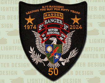 US Army Ranger - 2nd Battalion, 75th Infantry Regiment - 50 Year Anniversary Patch (1974-2024)  - Sua Sponte - 5" X 4 1/4" Wax Backed