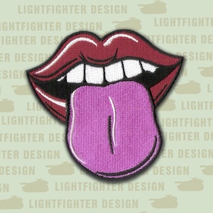 Mouth with Tongue Embroidered Patch - 3 3/4” X 2 5/8&quot;  Wax Backed embroidered patch .. Fun Patch - Rock and Roll - Backpack