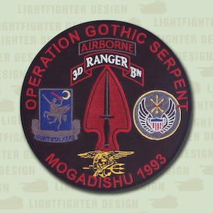 Operation Gothic Serpent Embroidered Patch - 5 1/2&quot; Red Letter Wax Back, Merrow Edge - Battle of Mogadishu Patch - Black Hawk Down