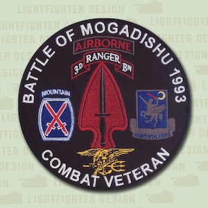 Battle of Mogadishu embroidered patch - Black Hawk Down - TF Ranger - 10th Mountain Division - 5 1/2&quot; White Lettering Wax Back, Merrow Edge