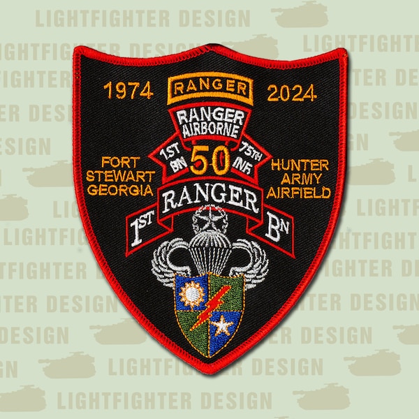 US Army Ranger - 1st Battalion, 75th Infantry Regiment - 50 Year Anniversary Patch (1974-2024)  - Sua Sponte - 5" X 4 1/4" Wax Backed