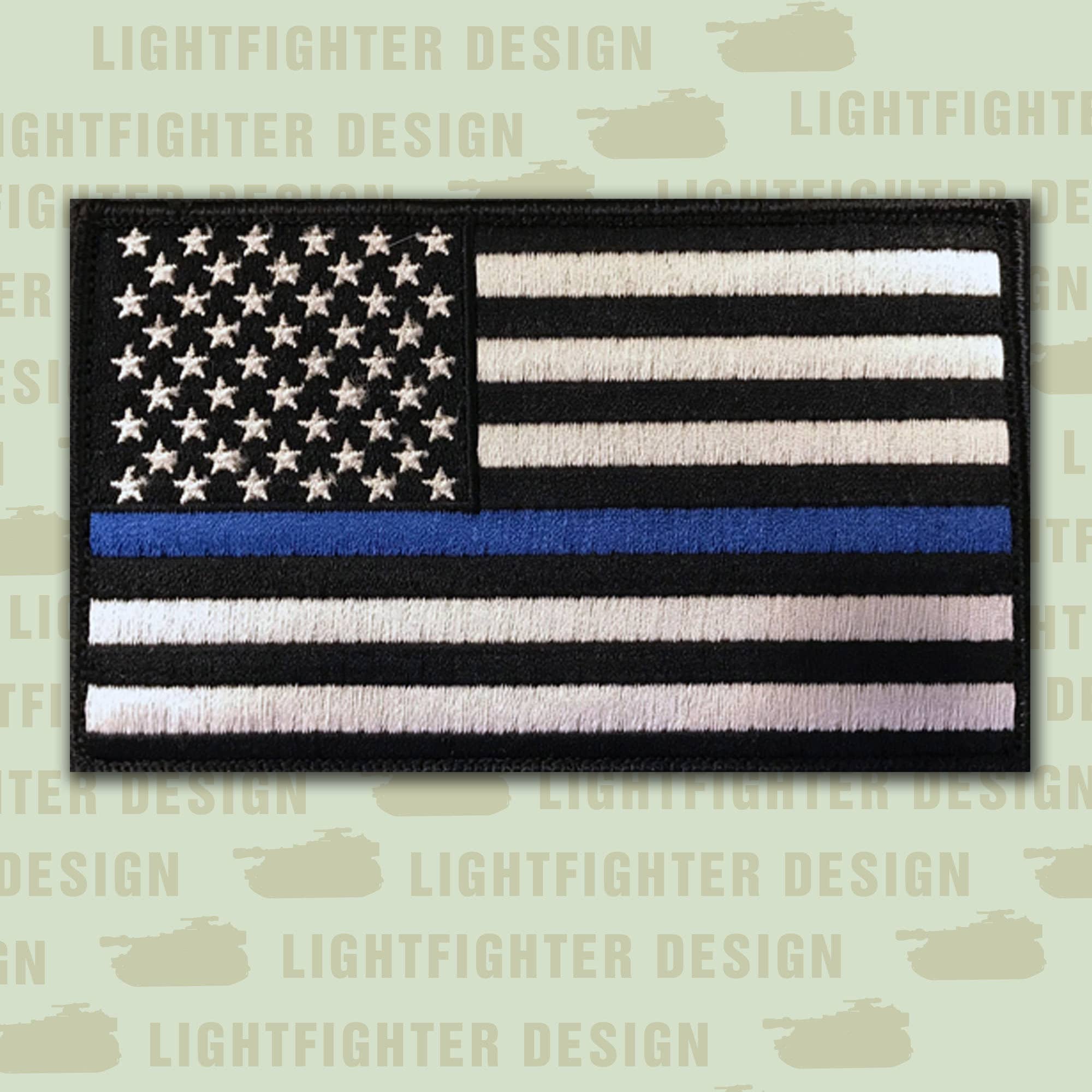 U.S. Flag Patch, Blue Stripe, Hook, Grey/Blue/Black, 3-3/8x2