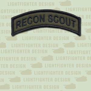Recon Scout OD Tab Embroidered Patch with Hook & Loop Backing - 3 1/2&quot; X 1&quot; - Military Reconnaissance - Army Recon - Reconnaissance