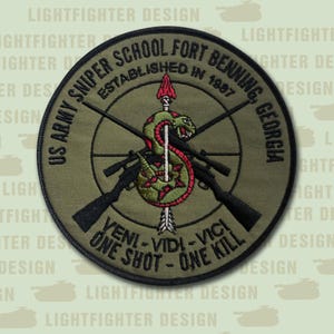 US Army Sniper School OD Green Patch: Fort Benning (5 inch)