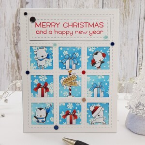 Kerstkaart pinguïn en ijsbeer, handgemaakte kerstkaart, pinguïns schaatsen kerstkaart, ijsbeer dansen julekort, Noorse jul, Juleglede