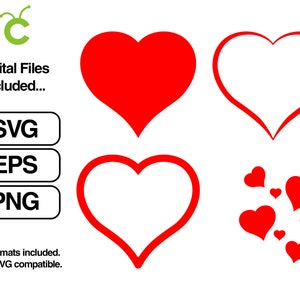 Red Hearts Cut File, Color Heart Shapes, Silhouette and Outline SVG Instant Download Cricut svg, png, eps