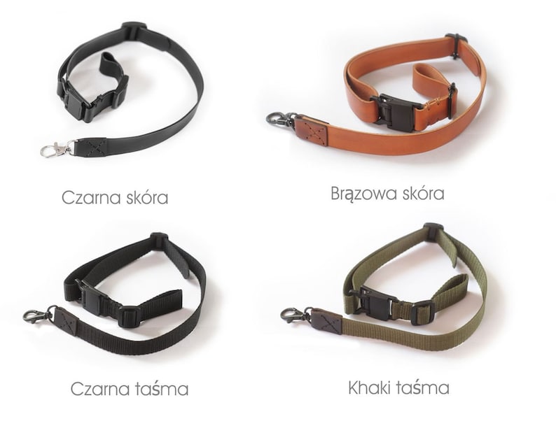 May include: Four camera straps in different colours and materials: black leather, brown leather, black webbing, and khaki webbing. Each strap has a metal clip and a black adjustable buckle.