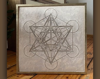 Merkaba kunst aan de muur, gegraveerd in steen textuur heilige geometrie, 50x50cm in gouden lijst