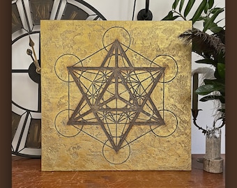 Muurkunst Merkaba, gegraveerd in steenstructuur heilige geometrie in goud metallic kleur 50 x 50 cm