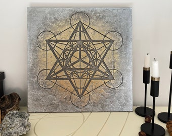 Muurkunst Merkaba, heilige geometrie goud en zilver, steentextuur