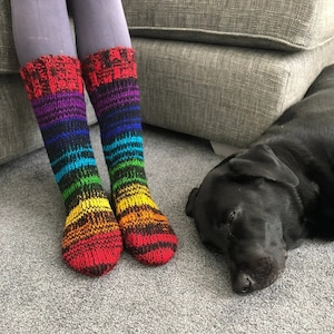 Puede incluir: Un par de calcetines a rayas de colores con rayas rojas, naranjas, amarillas, verdes, azules, moradas y negras. Los calcetines los lleva una persona sentada en un sofá gris con un perro negro durmiendo en el suelo.