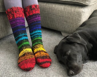 Fair Trade Hand Knitted Long Wool Socks Bright Colourful Rainbow Black Blend Stripe Pattern Warm Sofa Lounge Bed Welly Boot Sock Men Women