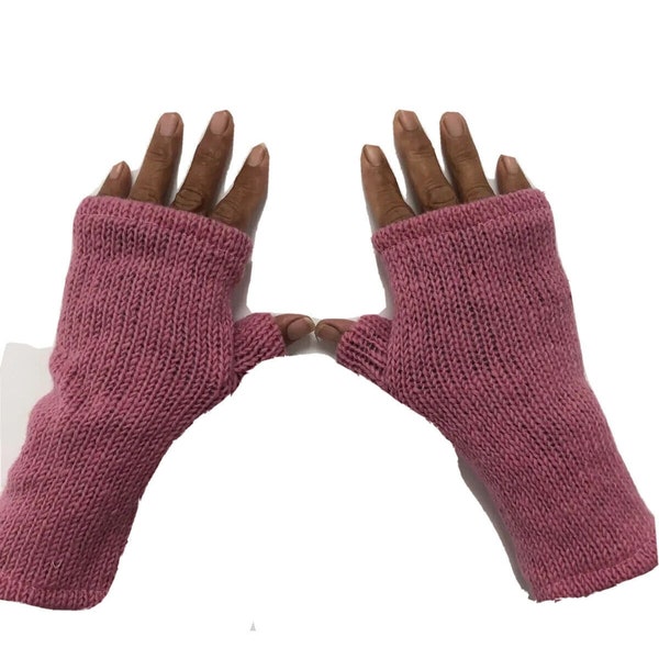 Hand Knitted Fleece Lined Wool Wrist Warmers Plain Light Pink Handwarmers Bright Colourful Mitts Fingerless Gloves Warm Knit Mittens