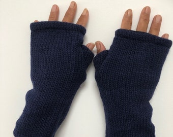 Hand Knitted Fleece Lined Wool Wrist Warmers Plain Dark Navy Blue Handwarmers Colourful Mitts Fingerless Gloves Warm Knit Mittens