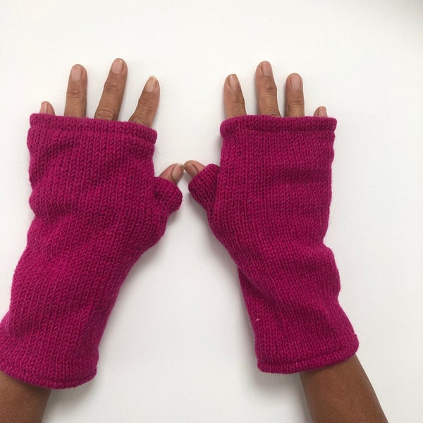 Hand Knitted Fleece Lined Wool Wrist Warmers Plain Dark Pink Handwarmers Bright Colourful Mitts Fingerless Gloves Warm Knit Mittens