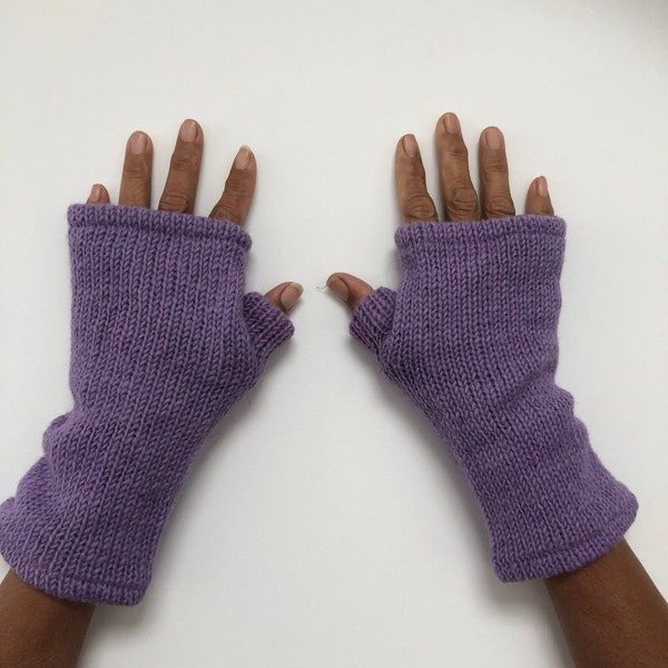 Hand Knitted Fleece Lined Wool Wrist Warmers Plain Lilac Light Purple Handwarmers Bright Colourful Mitts Fingerless Gloves Warm Knit Mittens