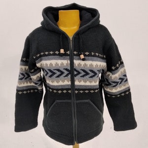 Cardigan de lã forrado de lã tricotado à mão, moletom com capuz e zíper, preto, cinza, Fairisle, nórdico, padrão chevron, jaqueta com capuz, bolsos, masculino, feminino