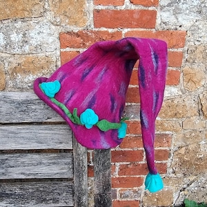 Purple Turquoise Flower Felt Hat Woodland Long Pixie Fairy Elf Felted Wool Hat Funky Boho Hippie Wizard Costume Novelty Fancy Dress Festival