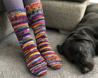 Fair Trade Hand Knitted Long Wool Socks Bright Rainbow Multi Stripe Space Dye Pattern Warm Knit Sofa Lounge Bed Welly Boot Sock Men Women