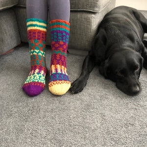 Fair Trade Hand Knitted Long Wool Mismatched Socks Bright Purple Teal Brown Cream Pattern Warm Sofa Lounge Bed Welly Boot Sock Men Women
