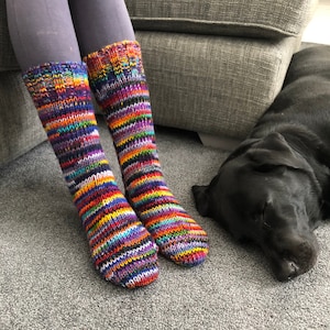 Fair Trade Hand Knitted Long Wool Socks Bright Rainbow Multi Stripe Space Dye Pattern Warm Knit Sofa Lounge Bed Welly Boot Sock Men Women