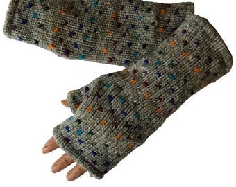 Hand Knitted Fleece Lined Wool Wrist Warmers Light Grey Handwarmers Colourful Tick Pattern Mitts Thick Fingerless Gloves Warm Knit Mittens