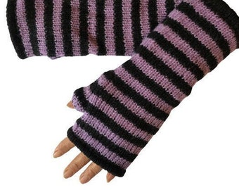 Hand Knitted Fleece Lined Wool Wrist Warmers Black Lilac Stripe Pattern Handwarmers Purple Striped Mitts Fingerless Gloves Warm Knit Mittens