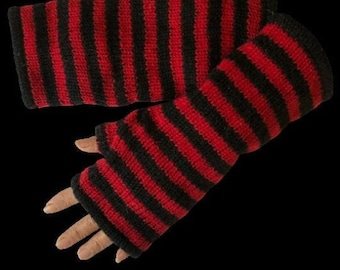 Hand Knitted Fleece Lined Wool Wrist Warmers Black Red Stripe Pattern Handwarmers Bright Striped Mitts Fingerless Gloves Warm Knit Mittens