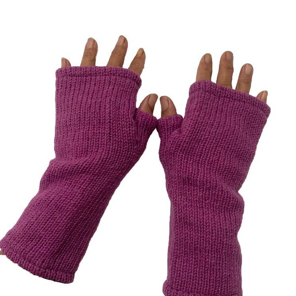 Hand Knitted Fleece Lined Wool Wrist Warmers Plain Cerise Pink Handwarmers Bright Colourful Mitts Fingerless Gloves Warm Knit Mittens