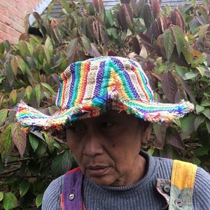 Bright Rainbow Striped Natural Hemp Sun Hat Eco Friendly Frayed Wide Wire Brim Shapeable Breathable Packable Lined Boho Hippie Summer Unisex