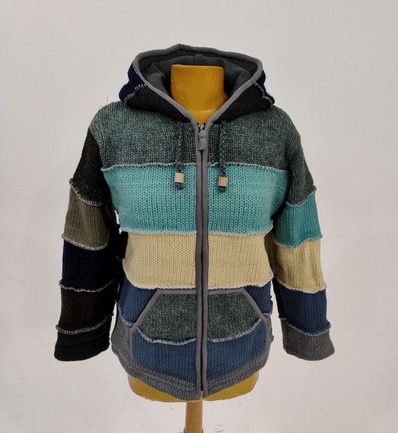 Handgestrickte Patchwork Streifen Wolle Strickjacke Warmes