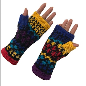 Hand Knitted Fleece Lined Wool Wrist Warmers Blue Yellow Red Mismatched Pattern Handwarmers Colourful Mitts Fingerless Gloves Knit Mittens