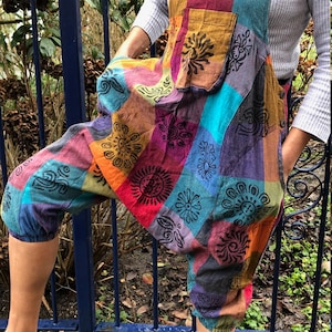 Colourful Patchwork Print Cotton Drop Crotch Short Harem Dungarees Bright Patch Ethnic Hippie Overalls Boho Jumpsuit Festival Romper Pockets