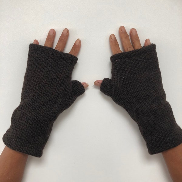 Hand Knitted Fleece Lined Wool Wrist Warmers Plain Dark Chocolate Brown Handwarmers Colourful Mitts Fingerless Gloves Warm Knit Mittens