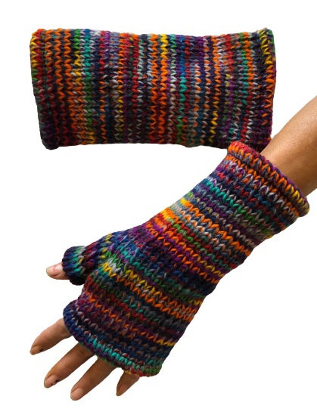 Fleece Lined Knitted Zig Zag Pattern Wool Wrist Warmers Unisex Mitts